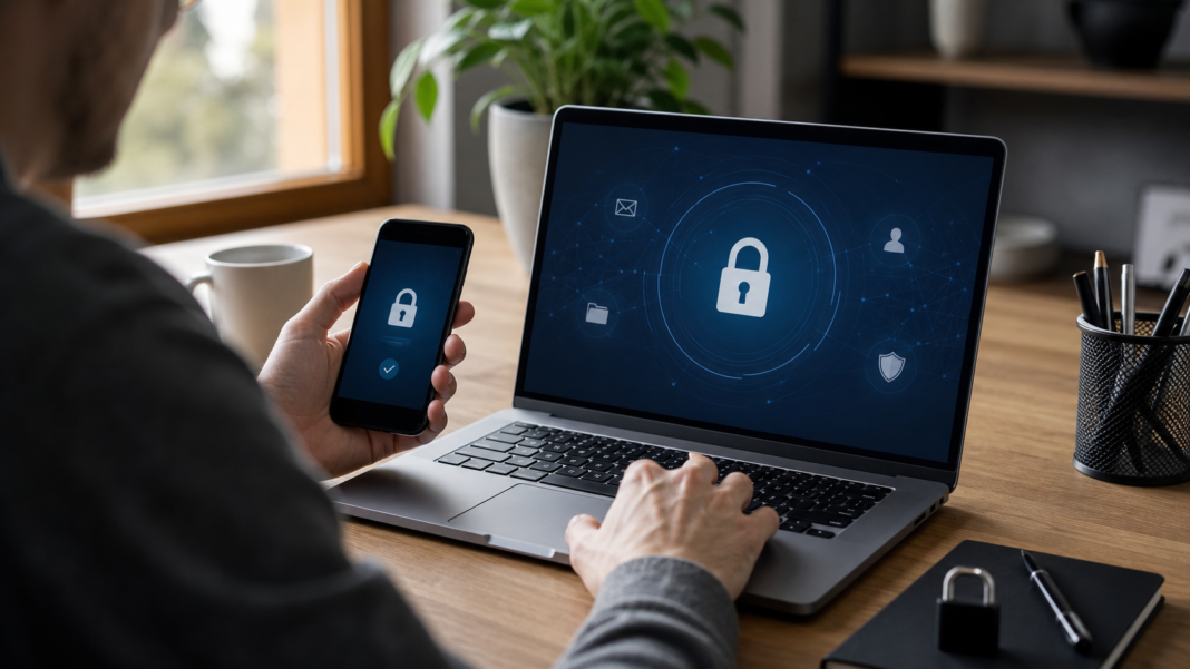 Ciberseguridad básica: cómo protegerte online sin ser experto Port?til y m?vil con iconos de seguridad digital y candado.