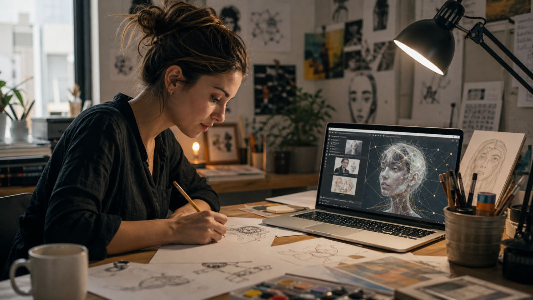 Profesional creativo combinando bocetos con trabajo digital asistido por IA.