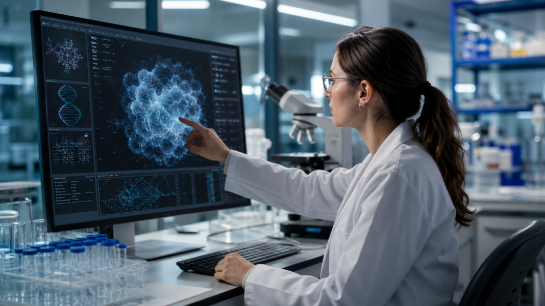 IA para la ciencia: cómo acelera descubrimientos que sí importan Cient?fica analizando visualizaciones avanzadas en un laboratorio moderno.