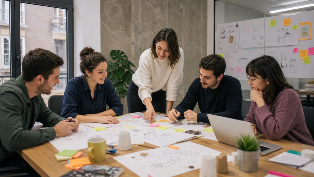 Innovación en España: por qué las empresas deben probar más y mejor Equipo de trabajo reunido en sesi?n de ideas e innovaci?n.