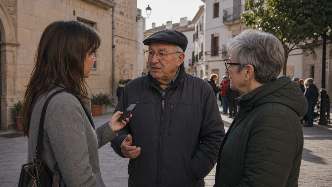 Periodismo local y participación: por qué las historias cercanas conectan más Periodista entrevistando a vecinos en una plaza de pueblo.