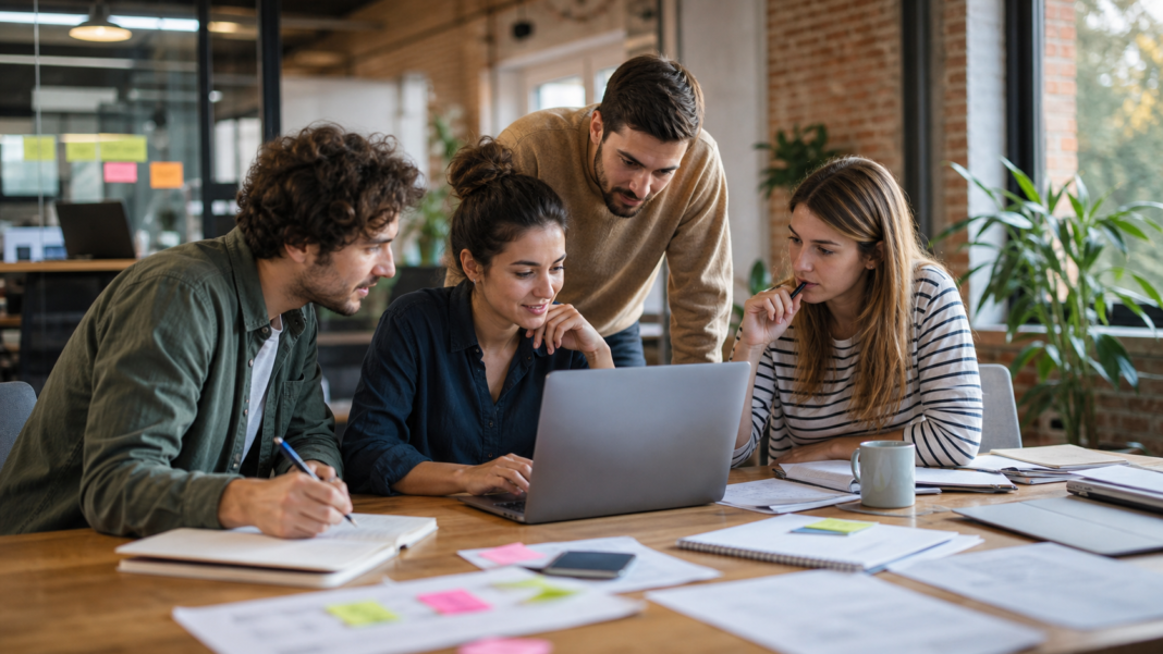 Startups en España: qué puede aprender de ellas cualquier pequeño negocio Equipo startup colaborando alrededor de un port?til en una oficina moderna.